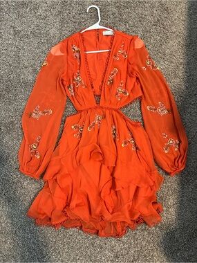 ASOS Orange Tiered Ruffle Mini Dress with Floral Embroidery